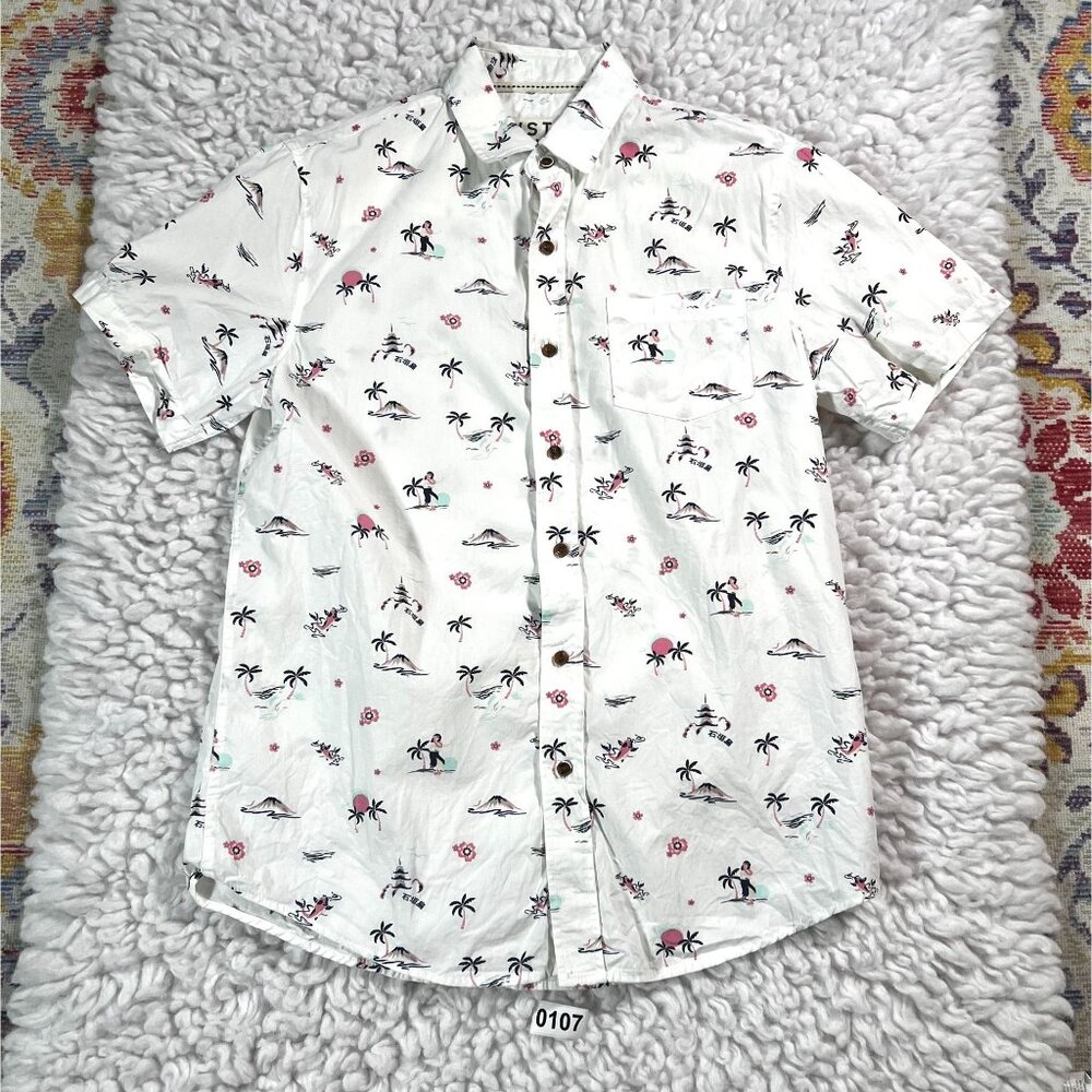VSTR Premium Mens Hawaiian Shirt S White Pink Palm Tree Pattern 100% Cotton Shor